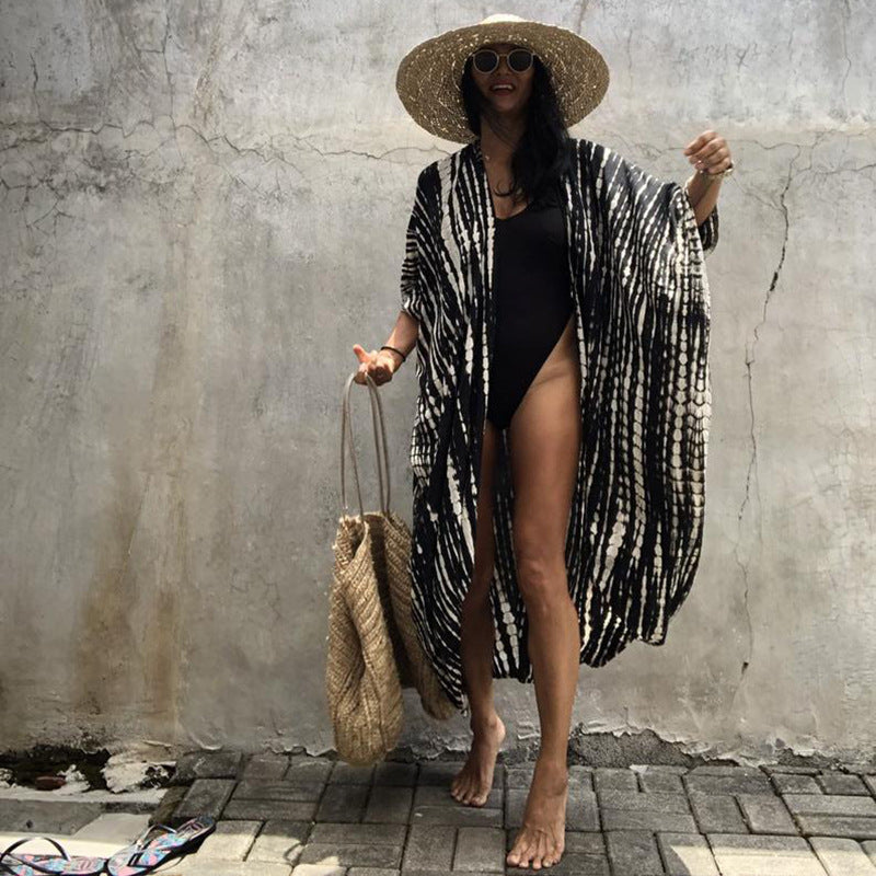 Sexy Bikini Cover-ups Boho Printed Fringed Long Kimono Carfigan Tunic Women Plus Size Beach Wear Swim Suit