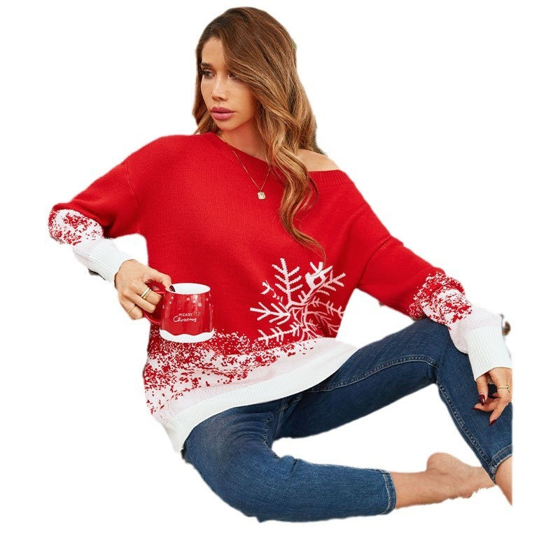 Little Snowflake Christmas Sweater Casual Off-the-shoulder Sweater Women