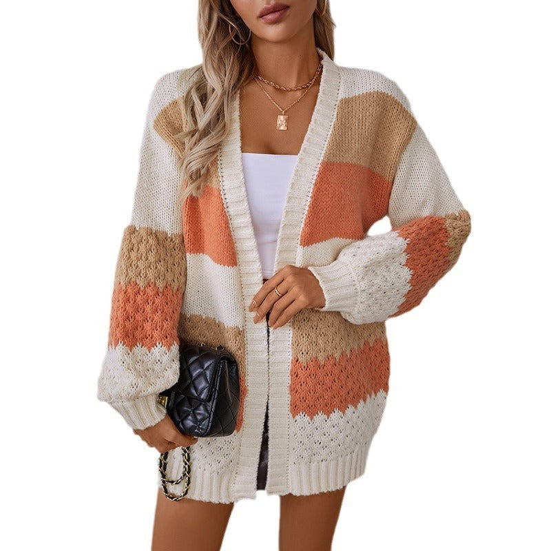 Drizzling Contrast Color Striped European And American Sweater Cardigan For Women