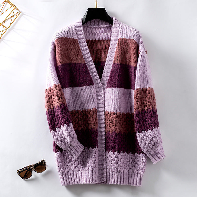 Drizzling Contrast Color Striped European And American Sweater Cardigan For Women