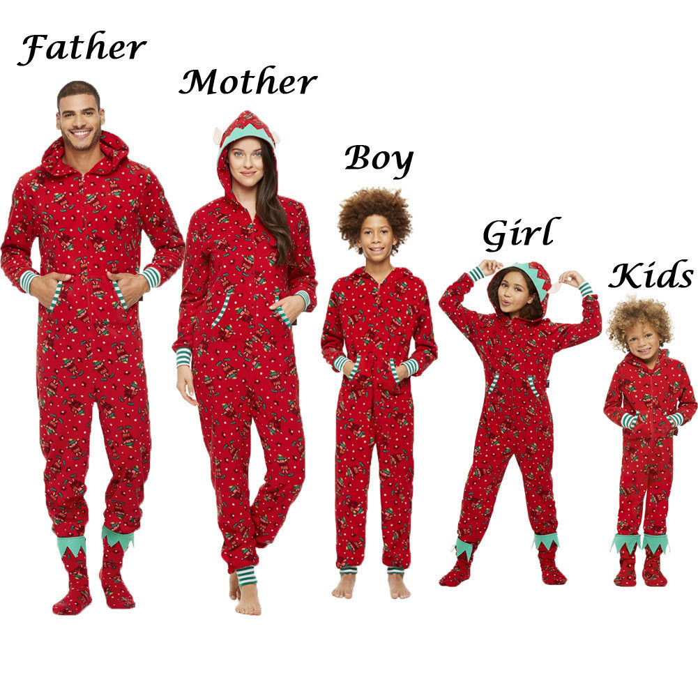 Fashionable Parent-child Hooded Christmas Print Jumpsuit