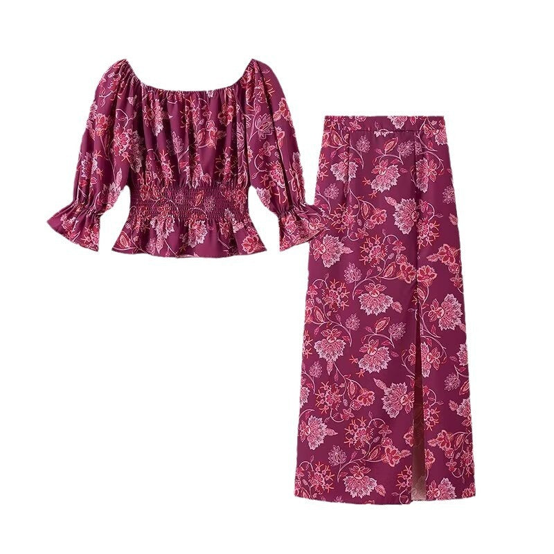 European And American Style Printed Off-shoulder Off-shoulder Rose Red Long Sleeve Shirt Printed High Waist Skirt