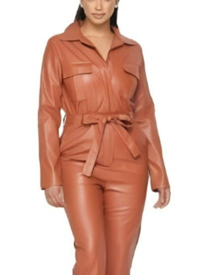 Self Belted Button Up Shirt Leather Jumpsuit Long Sleeve