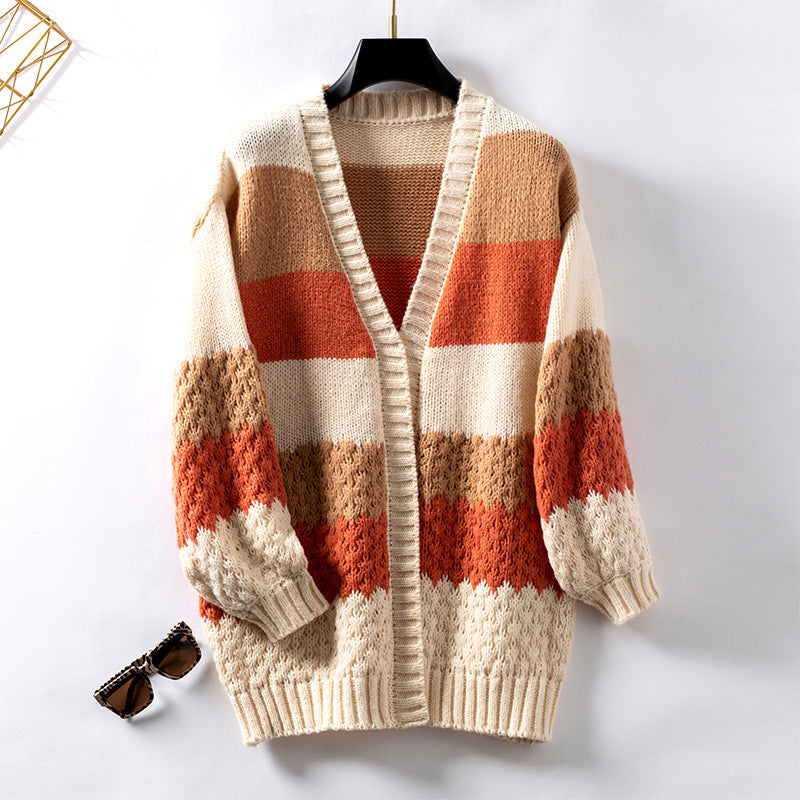 Drizzling Contrast Color Striped European And American Sweater Cardigan For Women