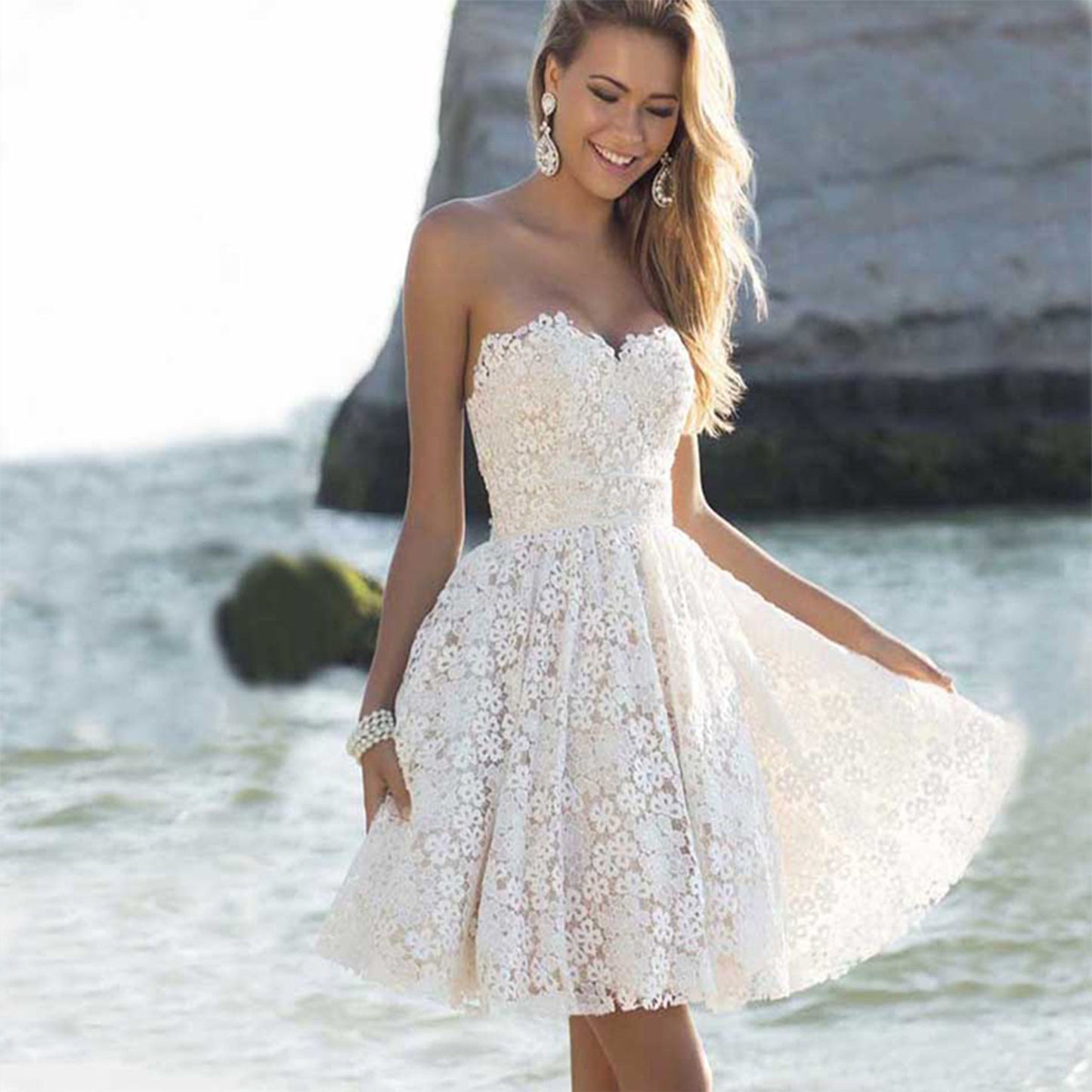 Women's White Floral Wrapped Chest Evening Dress